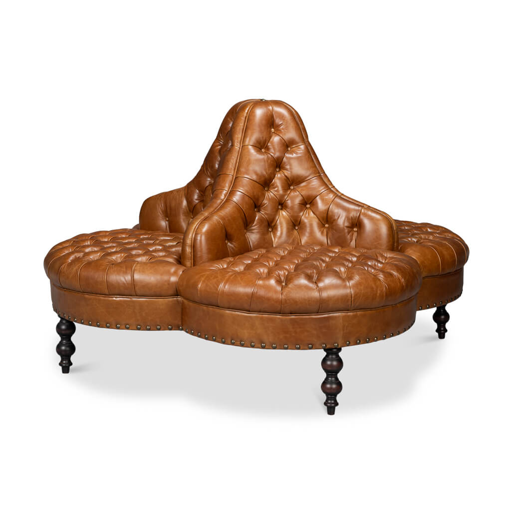 Leather lobby sofa, side perspective.