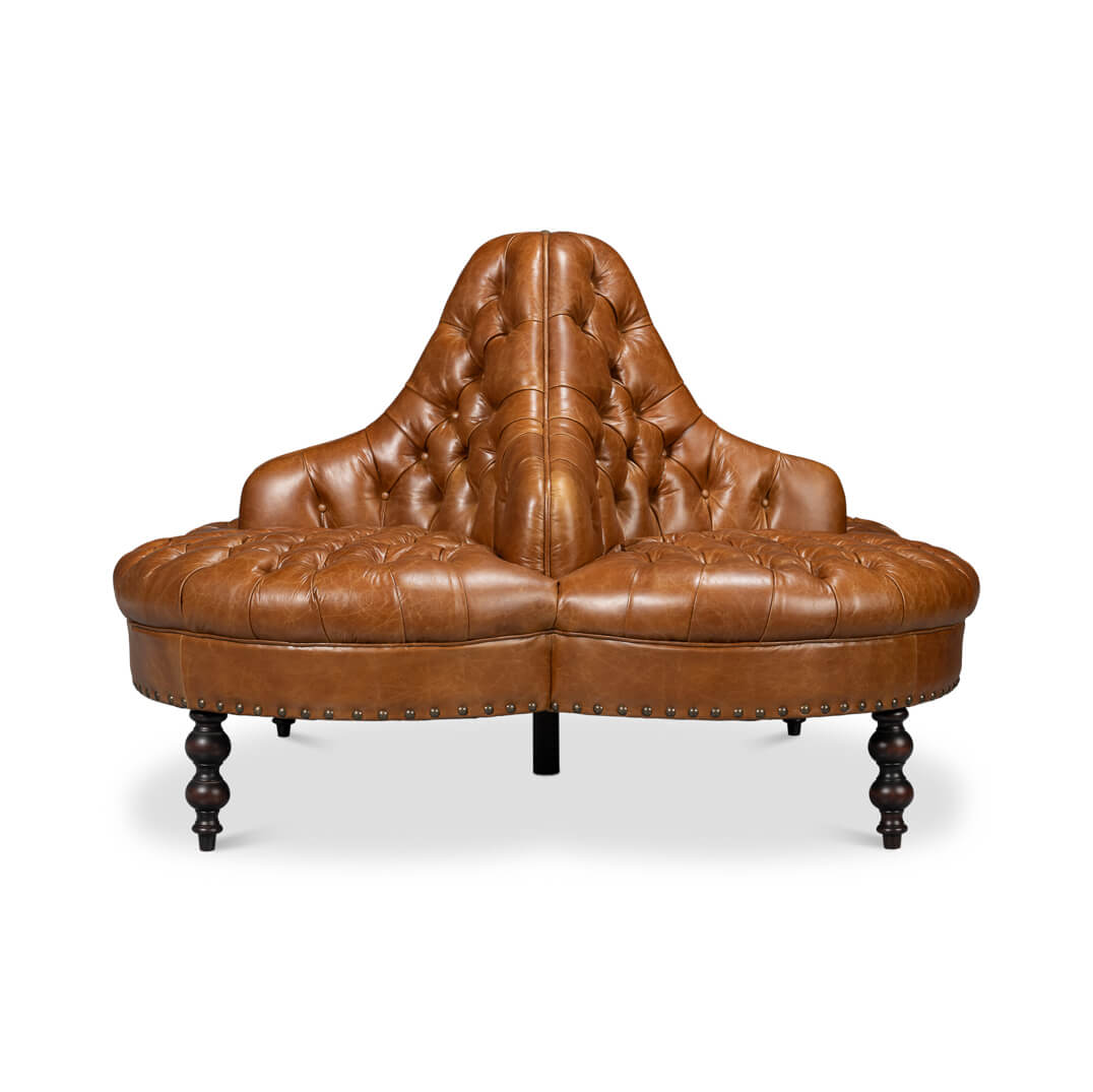 Upholstered lobby sofa, centered view.
