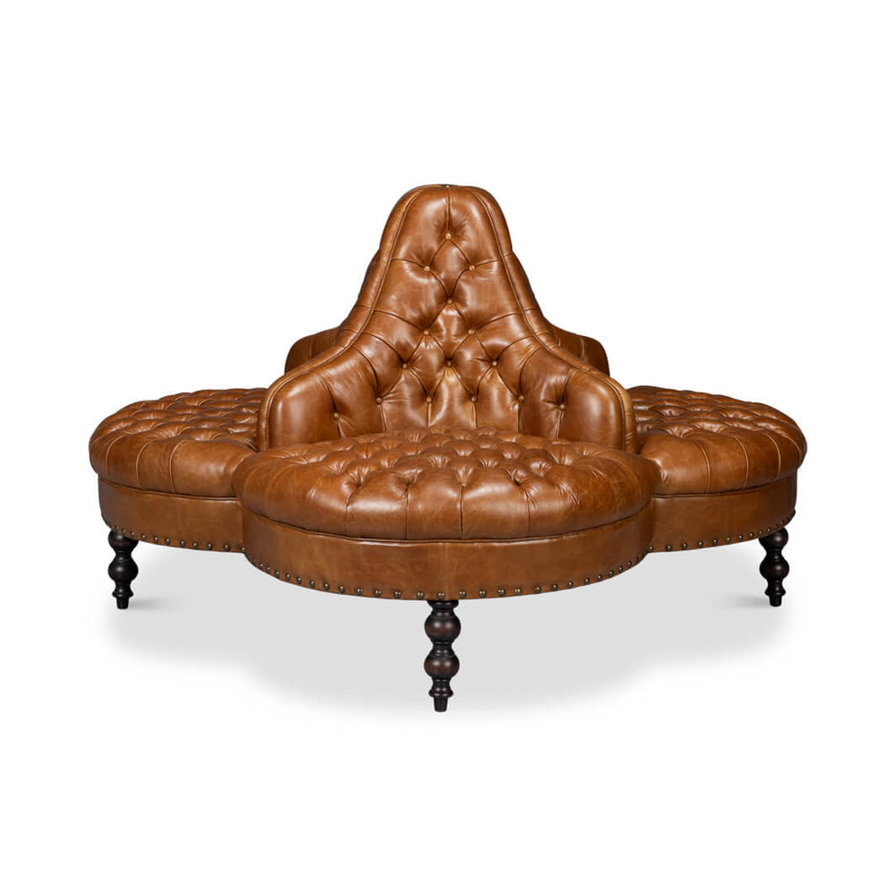 Four-sided brown lobby sofa, front view.