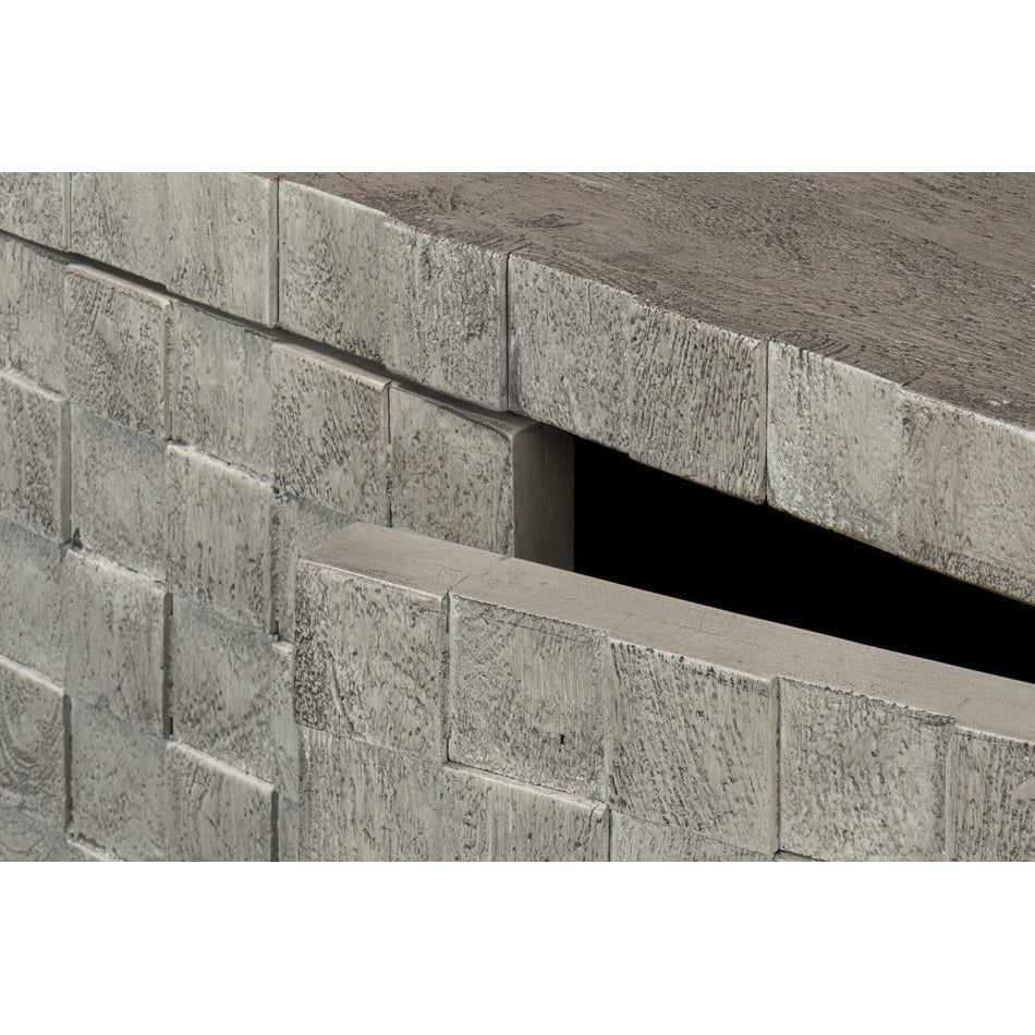 Detailed shot of Cubist sideboard corner and texture.