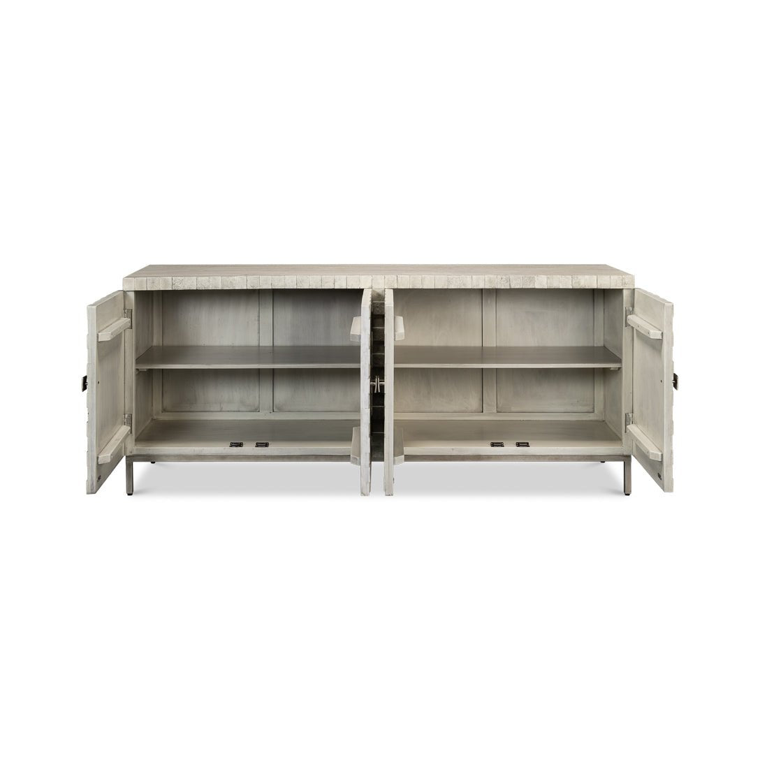 Open Cubist sideboard showing interior shelves.