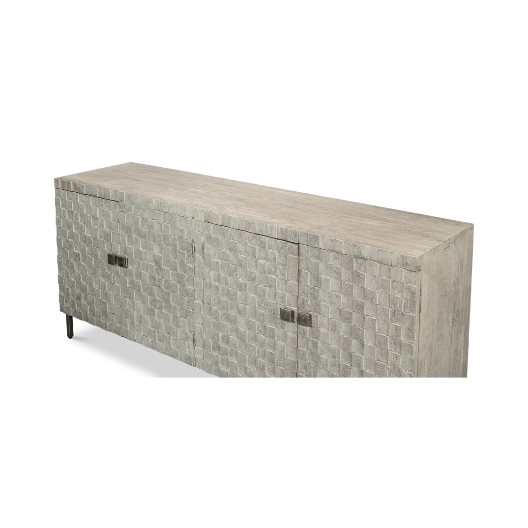 Close-up side angle of Cubist sideboard design.