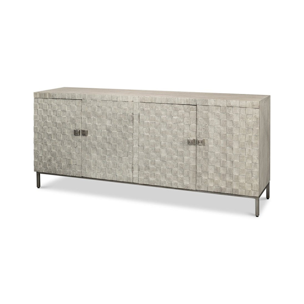 Cubist sideboard perspective view, textured surface, metal legs.