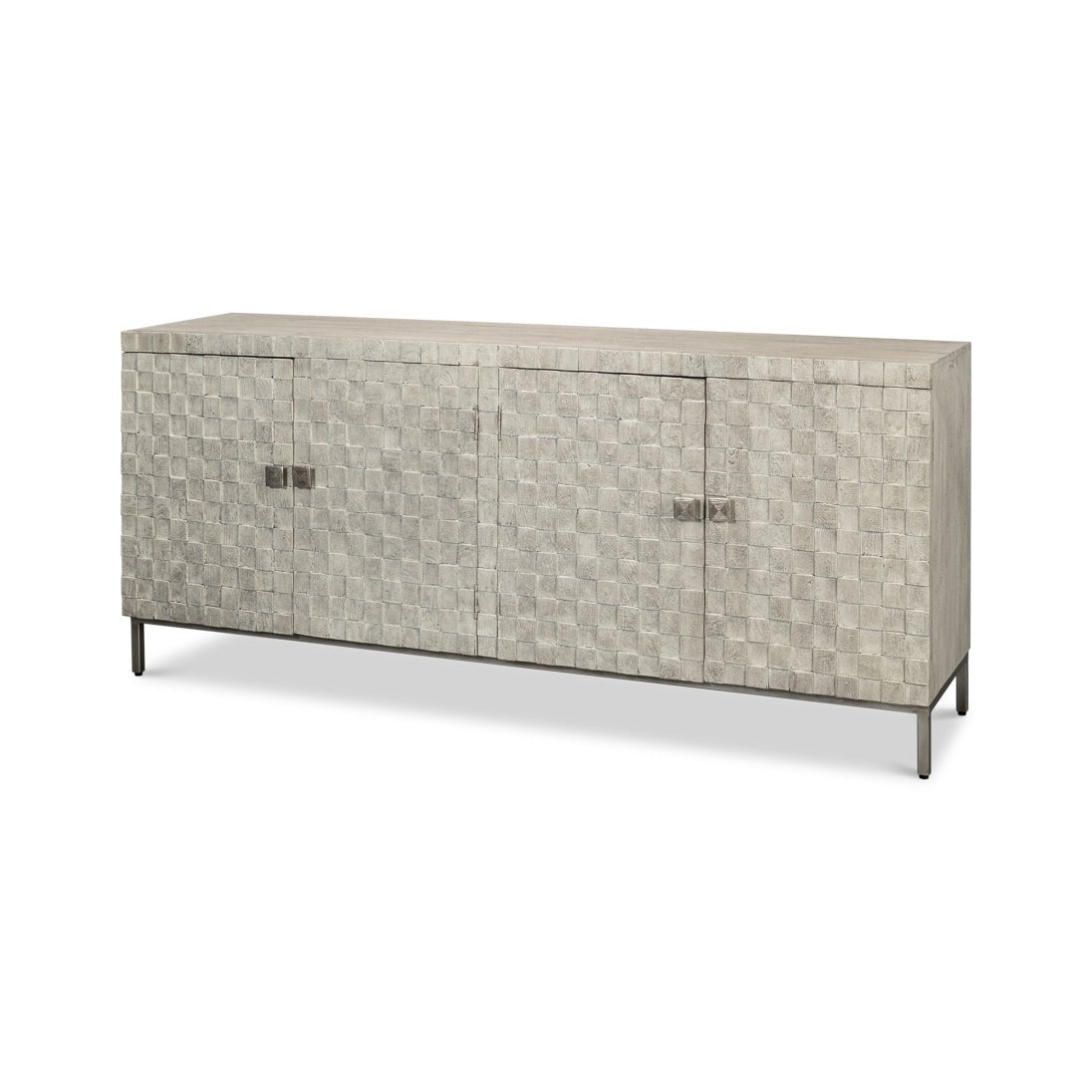 Cubist sideboard perspective view, textured surface, metal legs.