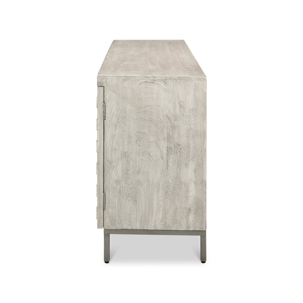 Side view of Cubist sideboard with smooth wooden surface.