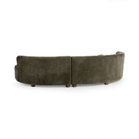 Rear view of olive green sectional showing the upholstered back, center join and short wood feet