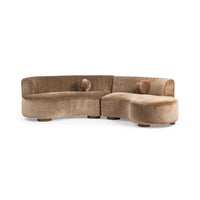 Opposite angled view of brown sectional showing the rounded seat end and low curved back