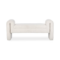 Front view of the ivory textured upholstered bench showing a continuous seat between rounded ends