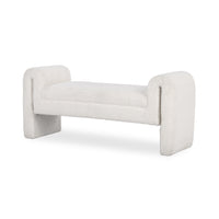 Angled view of the ivory textured upholstered bench with rounded arms extending down into broad end supports