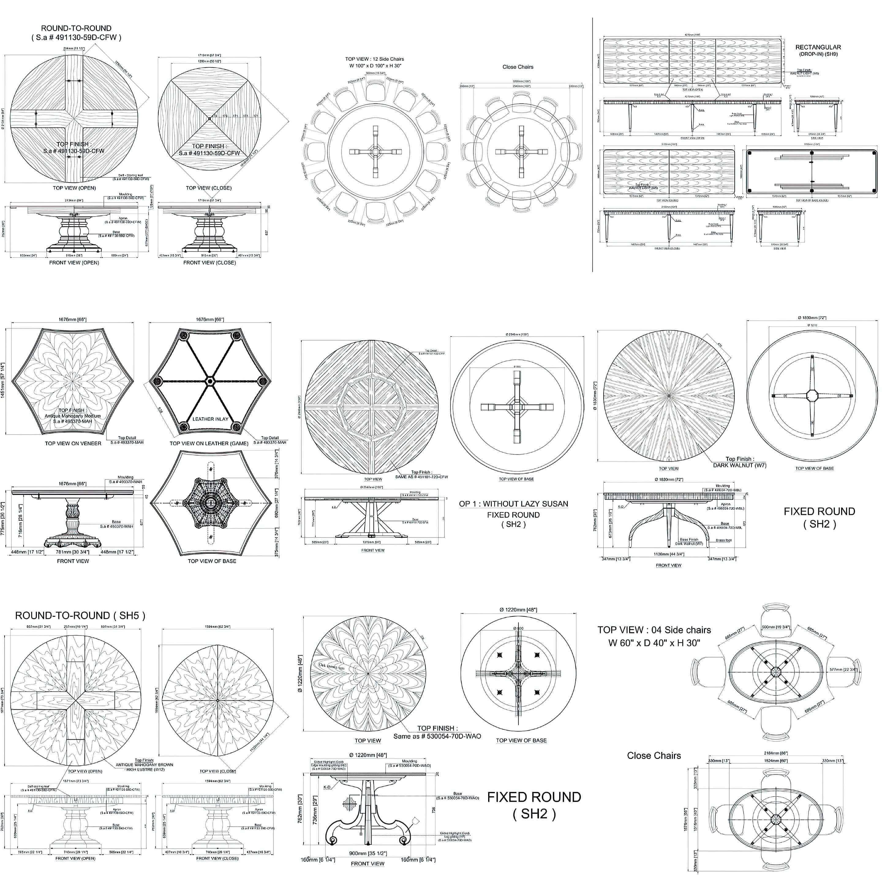 Custom dining table CAD specification drawings showing dimensions, seating configurations, and finish details