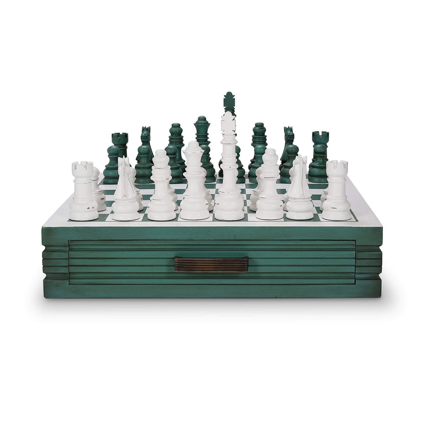 Front view of green chess board with white, green pieces.