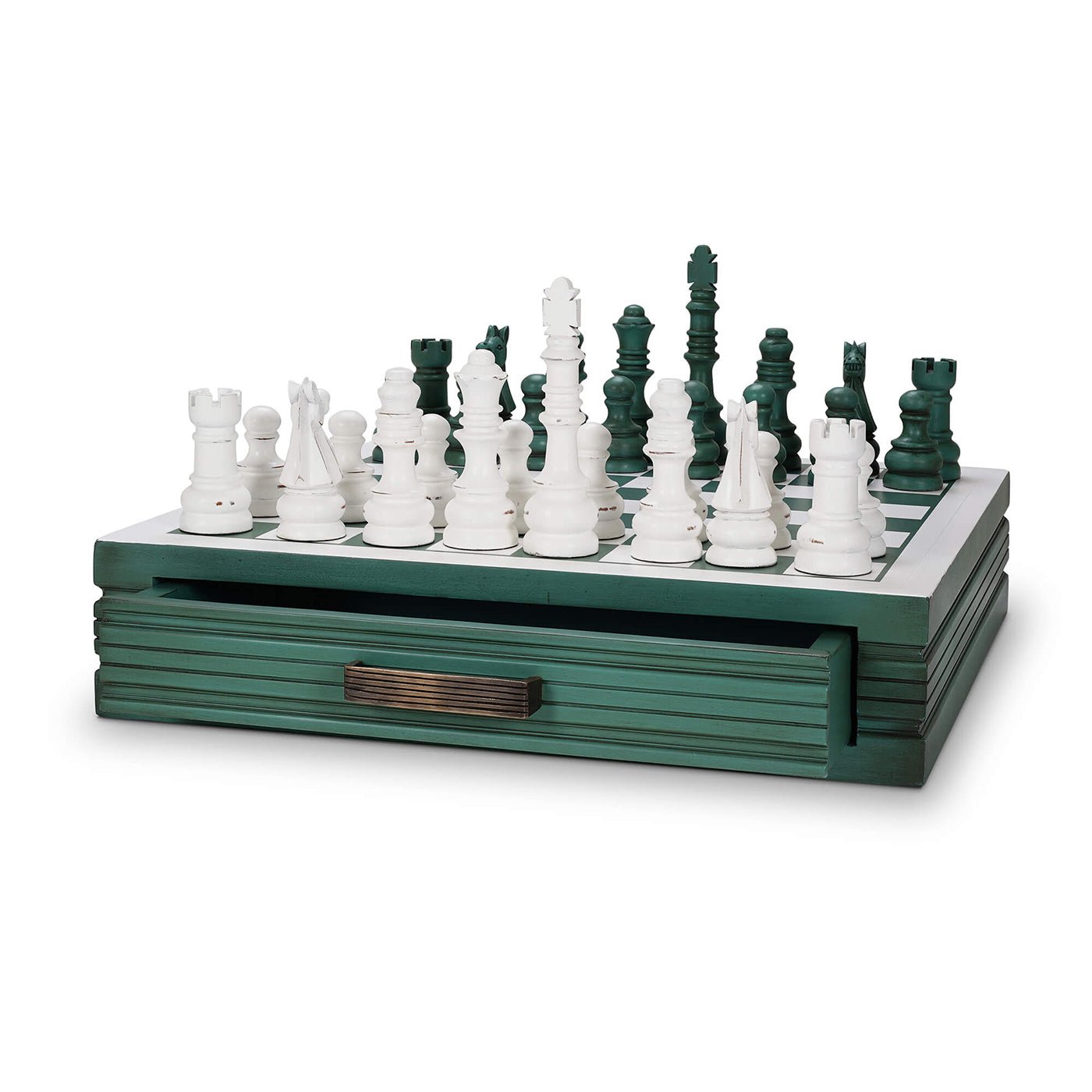 Wooden chess set with partially opened storage drawer.