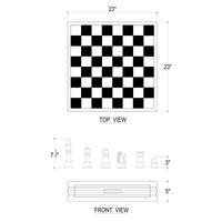 Chess board with dimensions and piece size illustration.