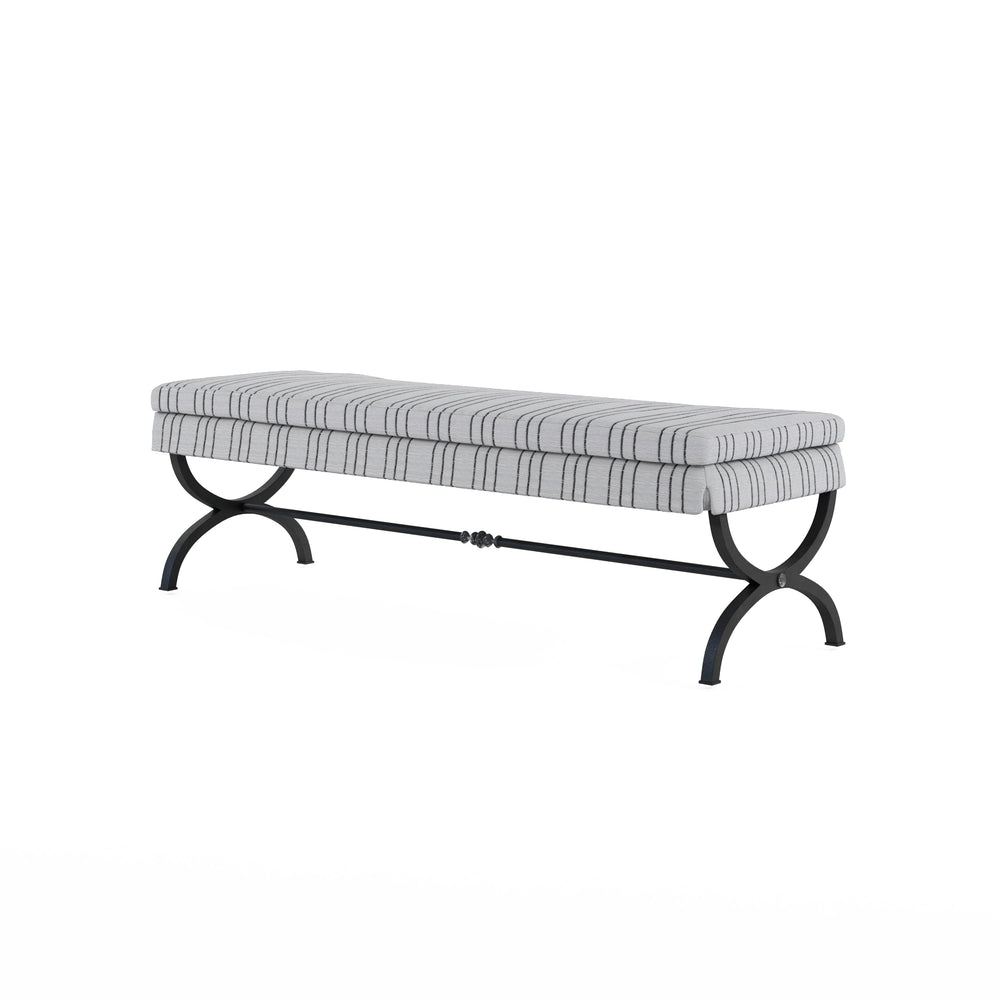 Charcoal striped upholstered bench on burnished brass metal legs, angled view