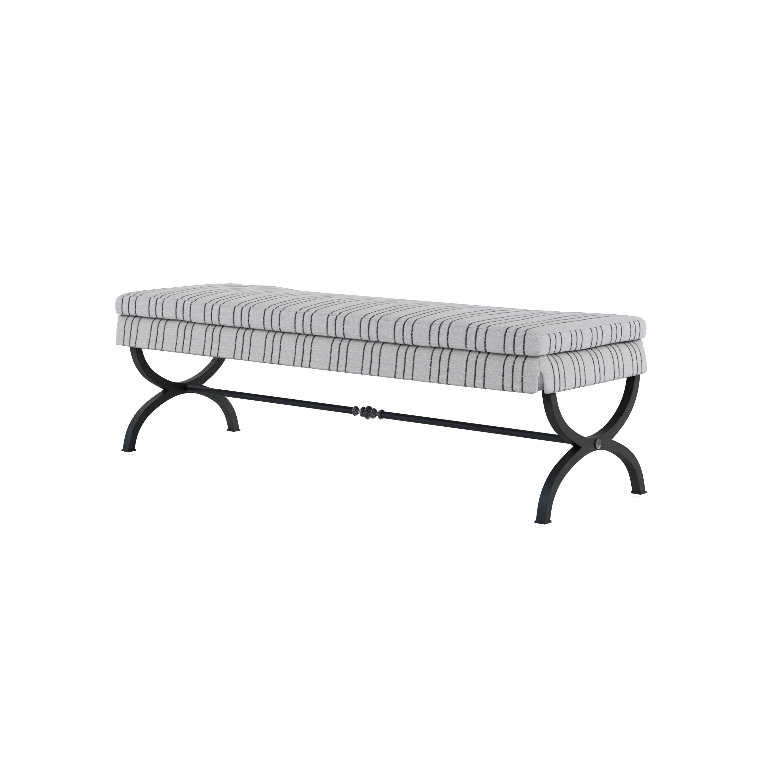 Charcoal striped upholstered bench on burnished brass metal legs, angled view