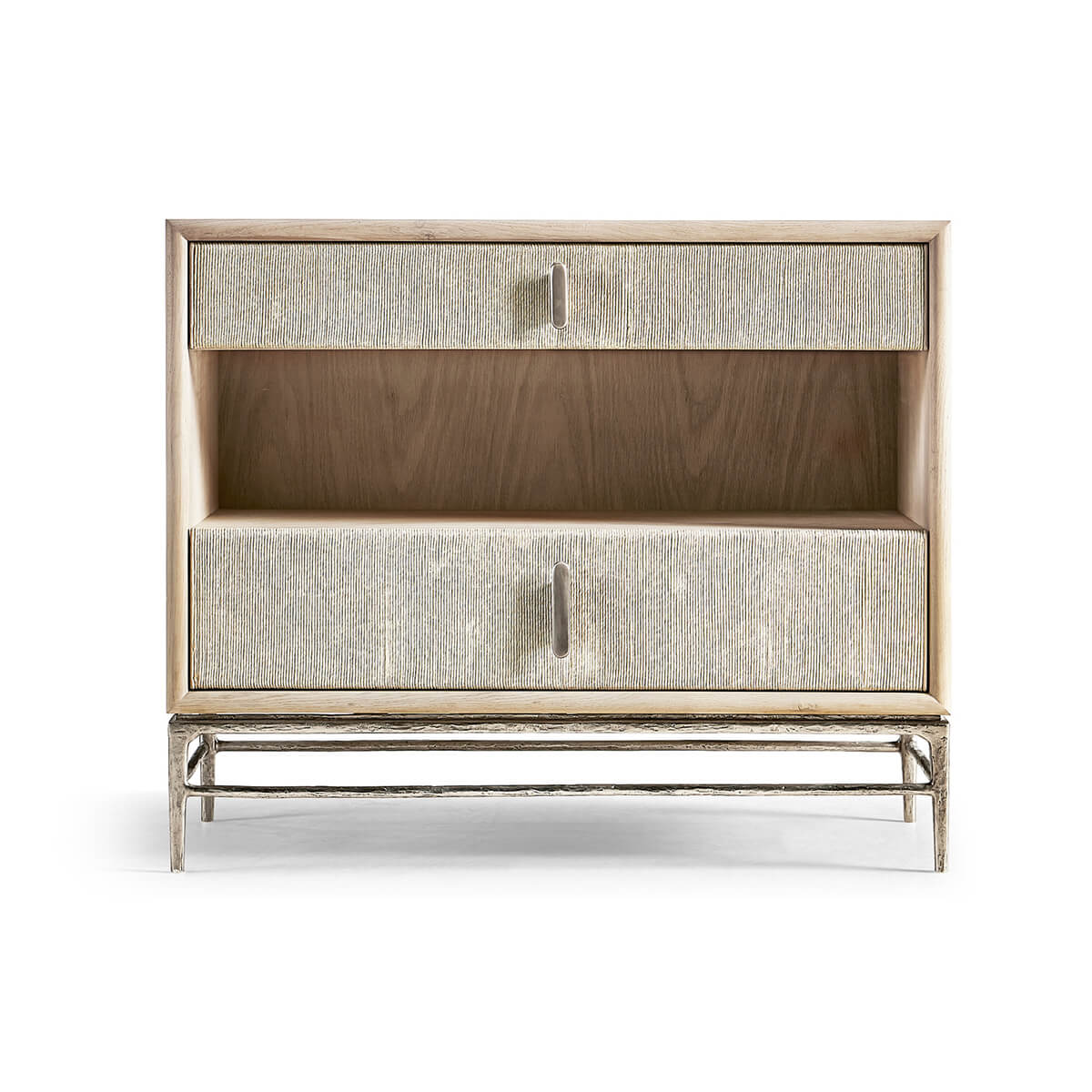 Front view of Danish cord nightstand, two drawers visible.