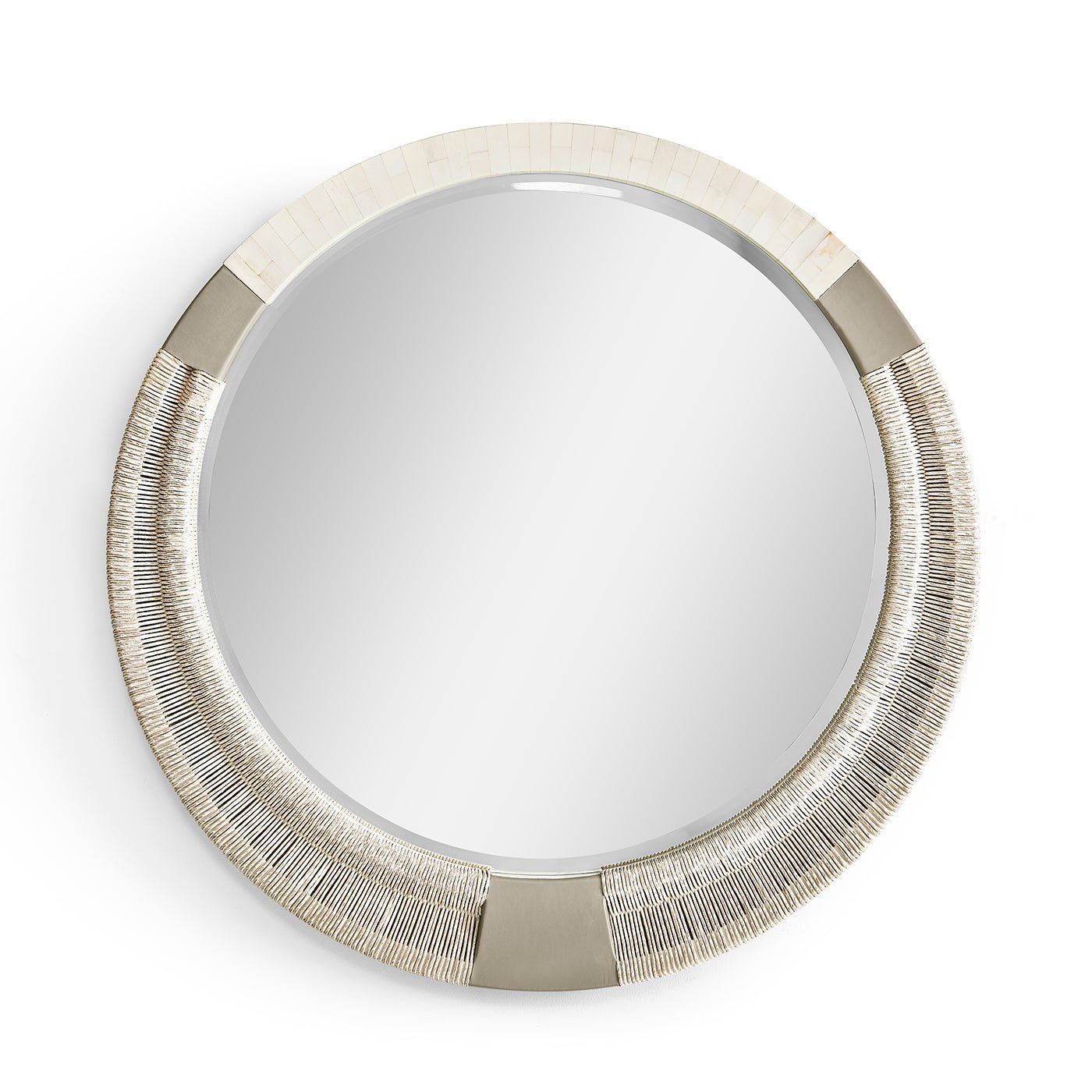 Round decorative mirror with braided frame, close-up view.