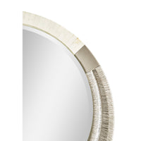 Side view of round mirror with textured frame.