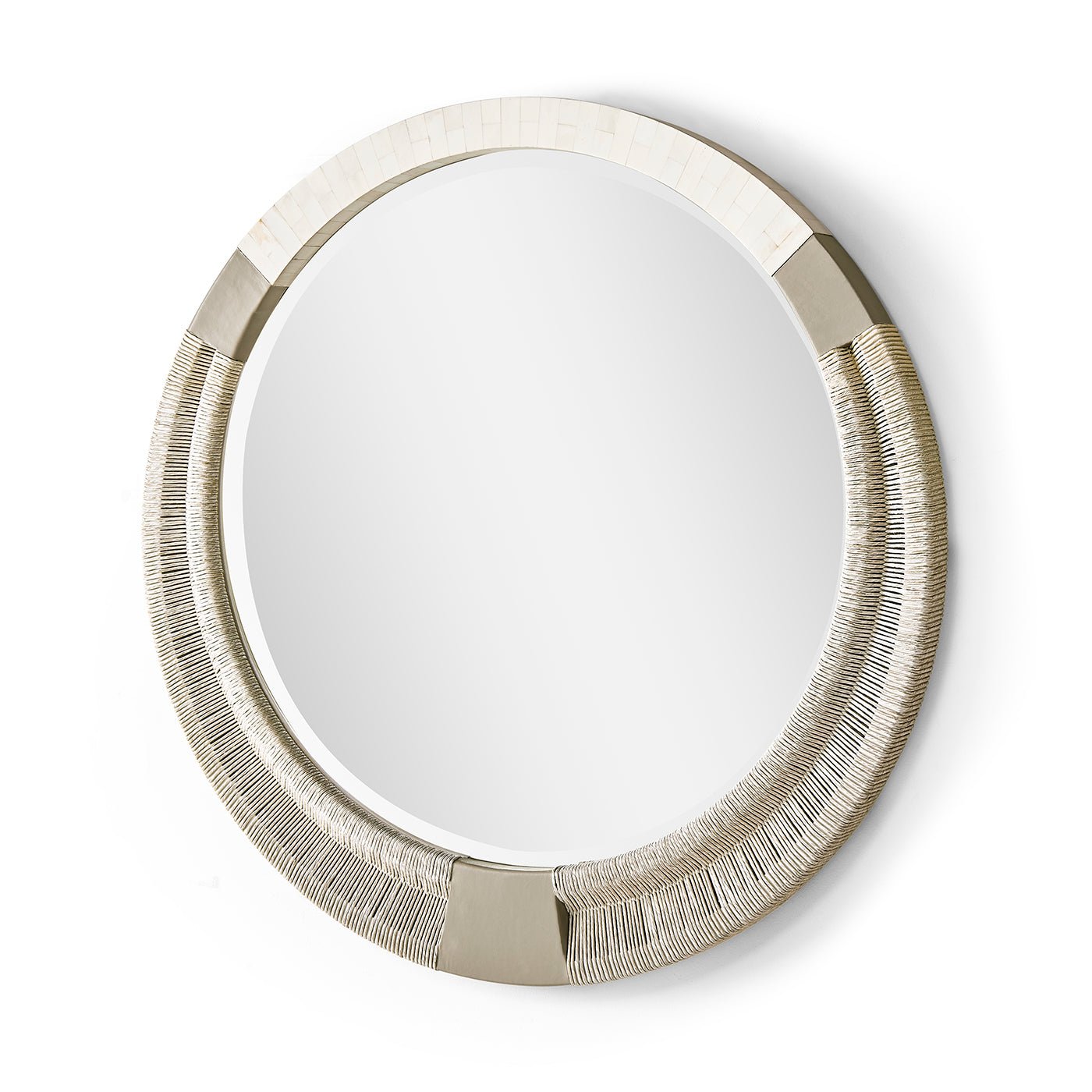 Modern round mirror with detailed edge design.
