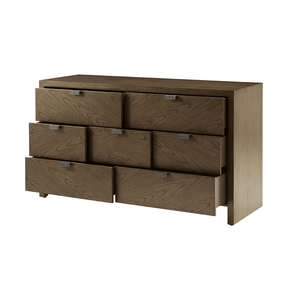 Dark ash dresser with partially open drawers, angled view.