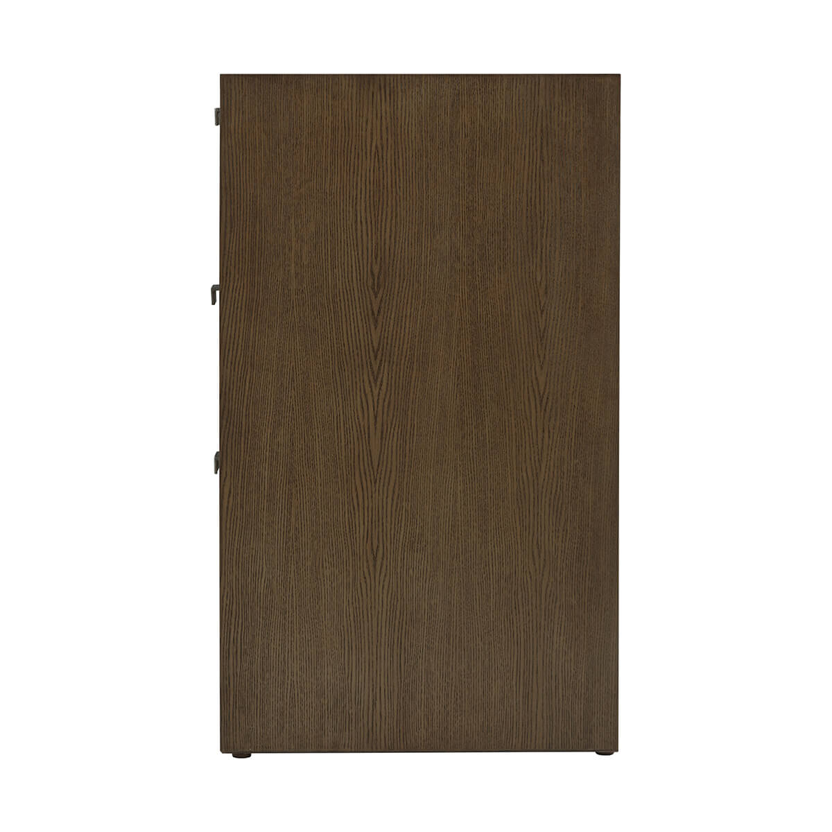 Side view of dark ash dresser showcasing wood grain.