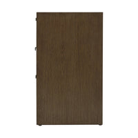 Side view of dark ash dresser showcasing wood grain.