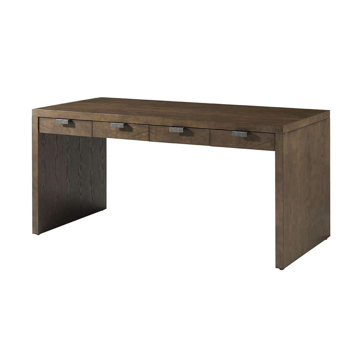 Dark ash modern desk angled view with three drawers.