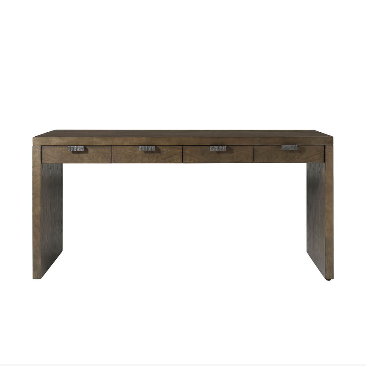 Front view of dark ash modern desk with drawers.