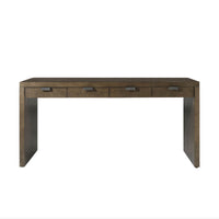 Front view of dark ash modern desk with drawers.