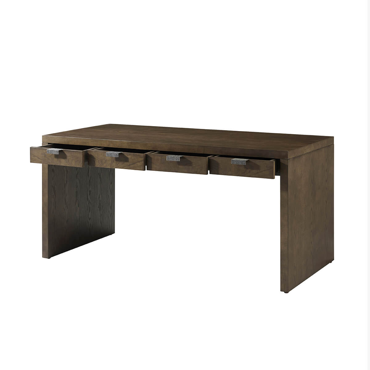 Dark ash modern desk with open drawers, side view.