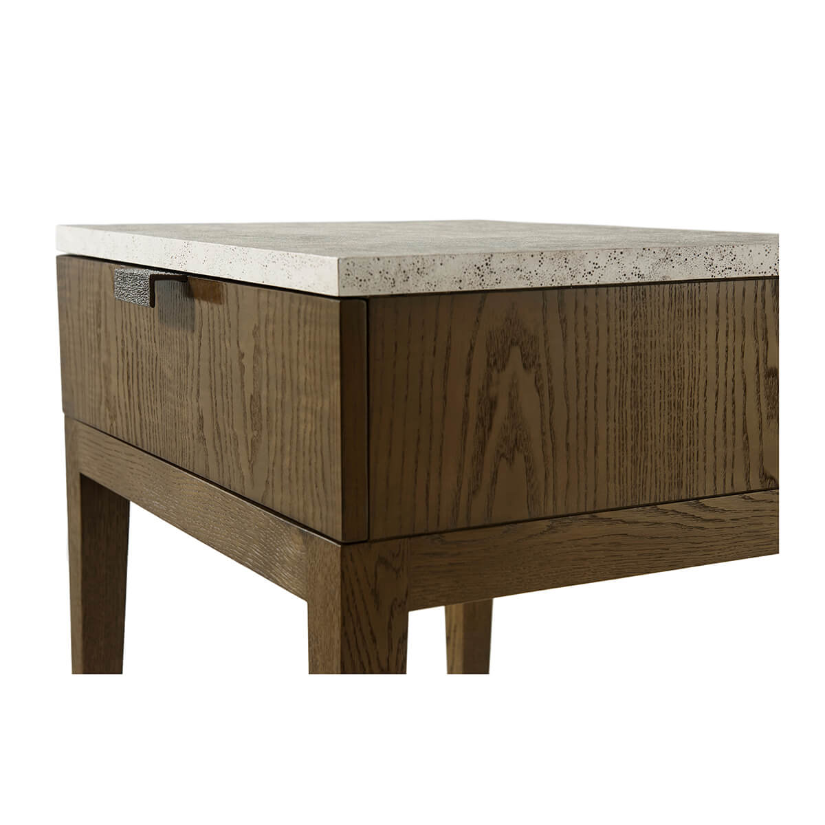 Dark ash modern nightstand, close-up of wood grain detail.