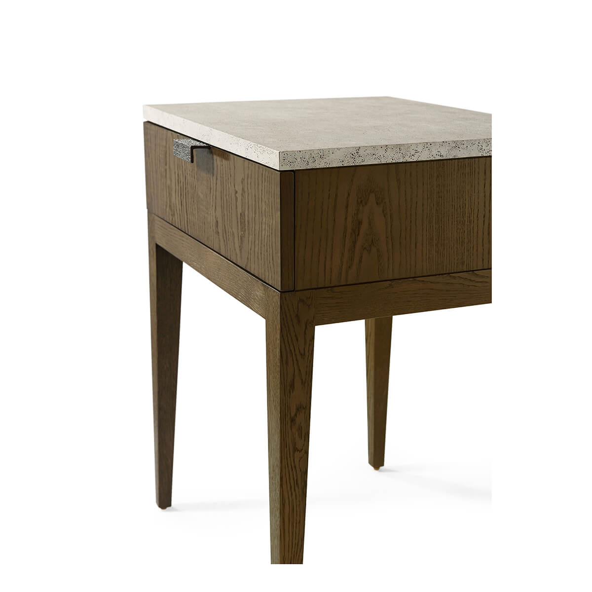 Dark ash modern nightstand, angled view highlighting top surface.
