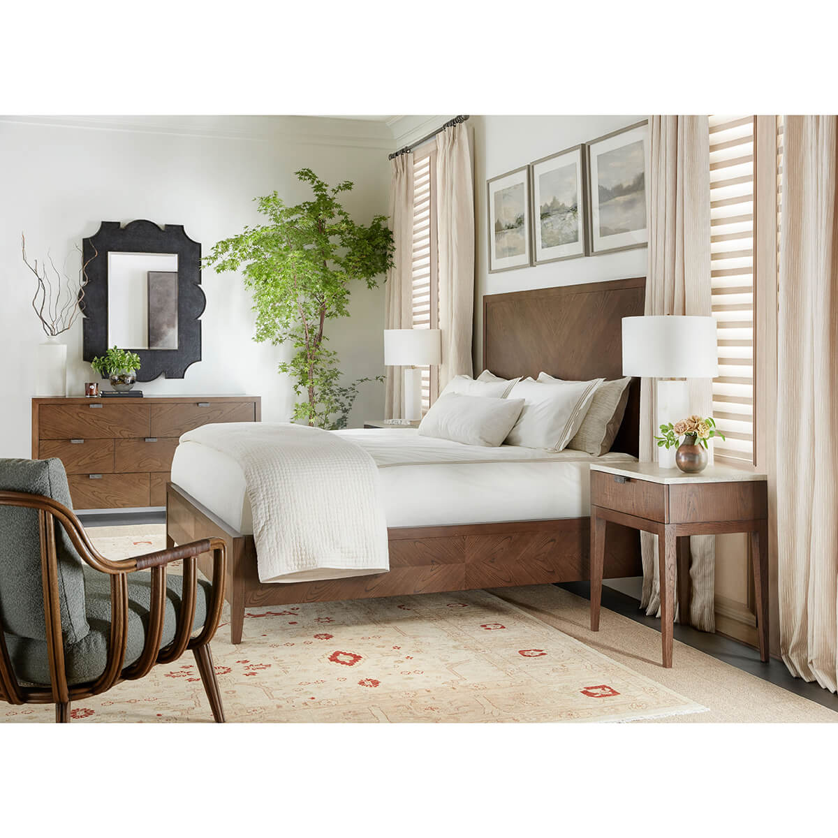 Dark ash modern nightstand in bedroom, part of set.