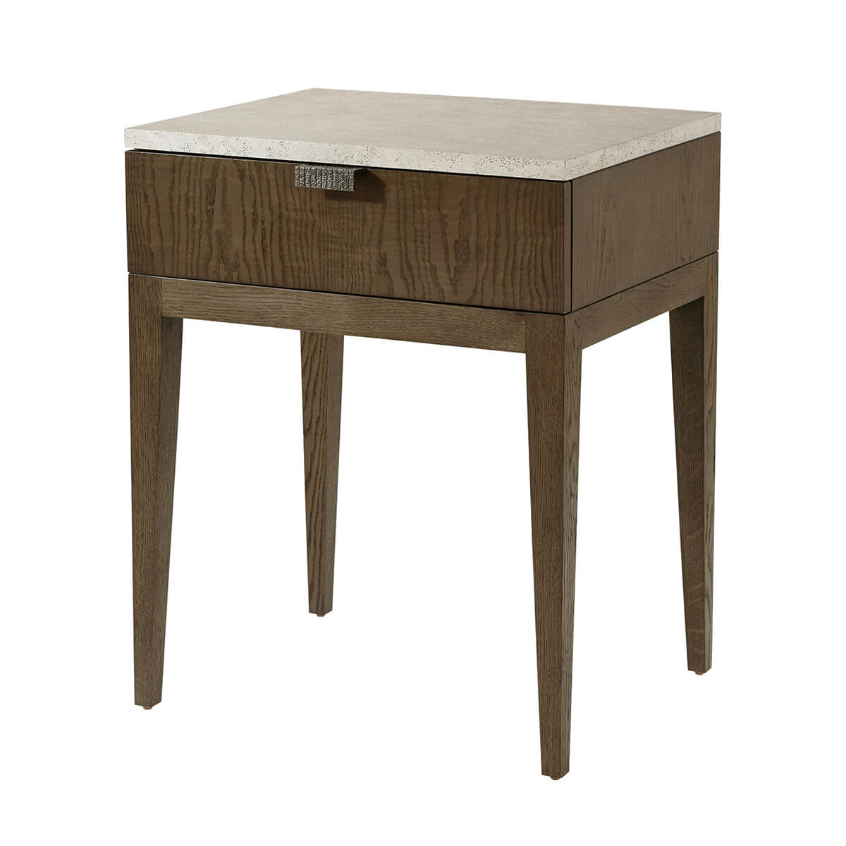 Dark ash modern nightstand with a drawer, angled view.