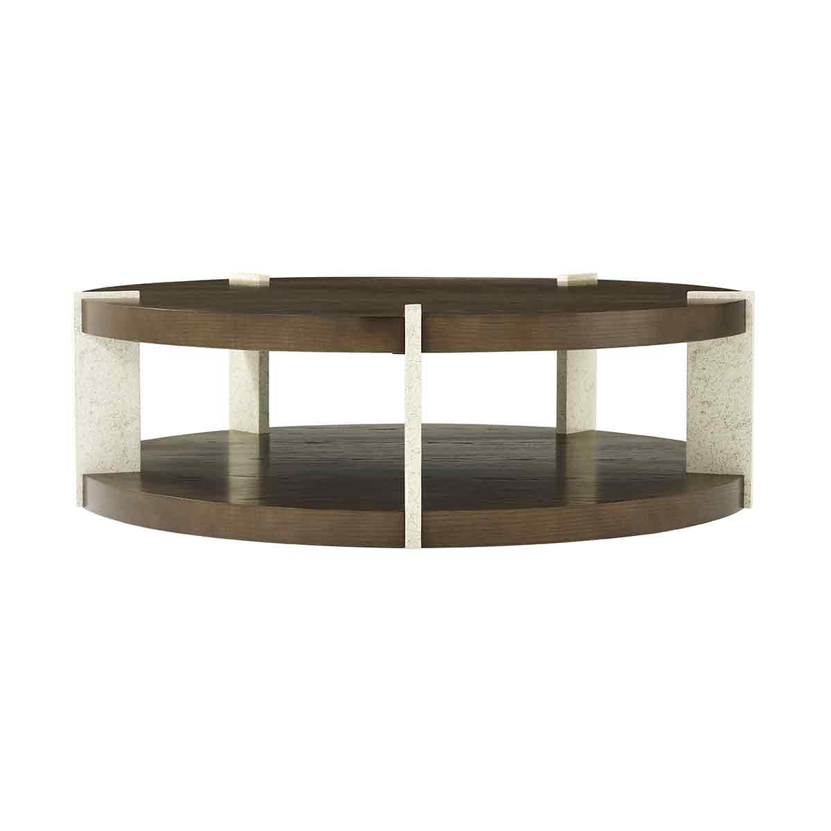 Round coffee table highlighting lower shelf, dark ash wood.