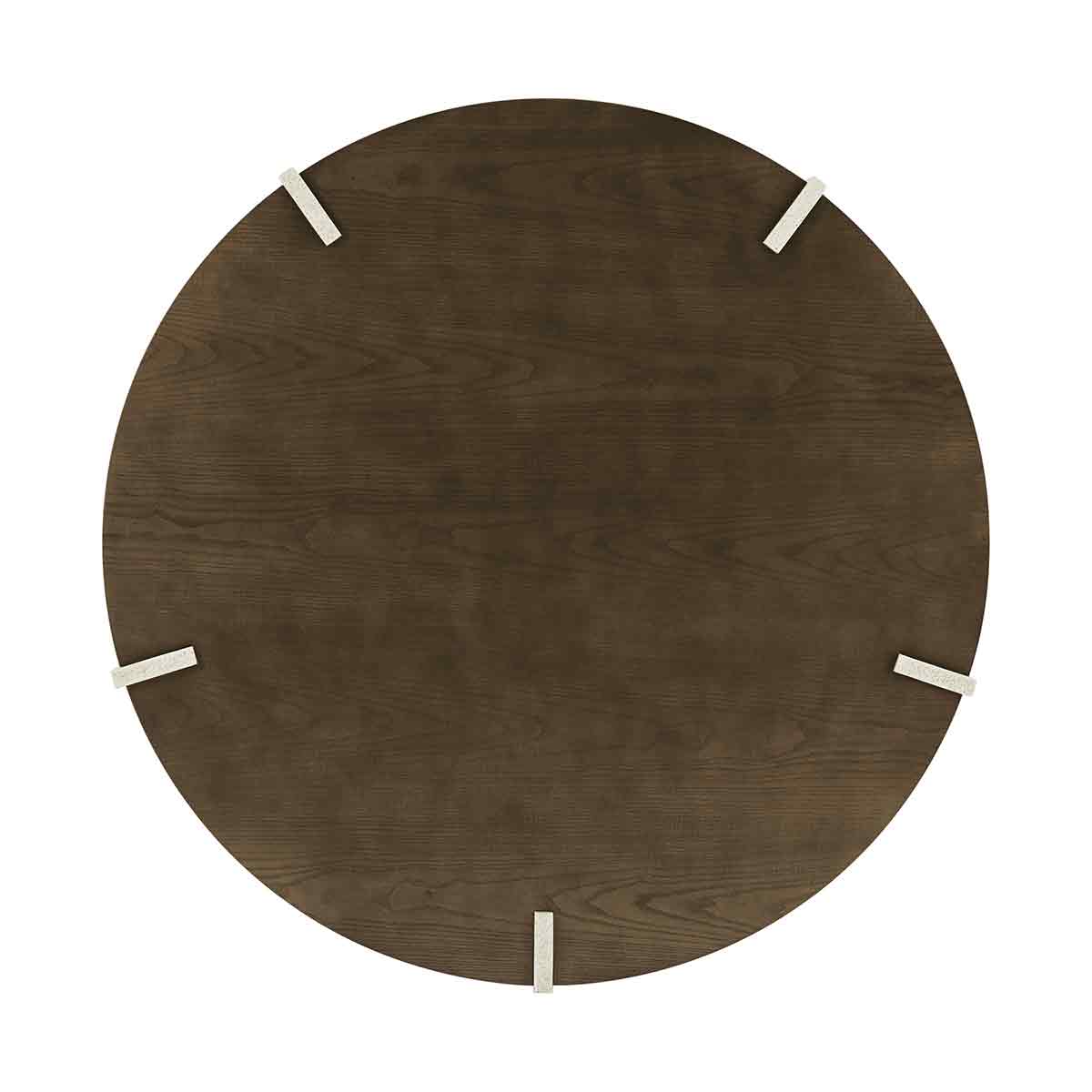 Top view of round coffee table, dark ash finish.