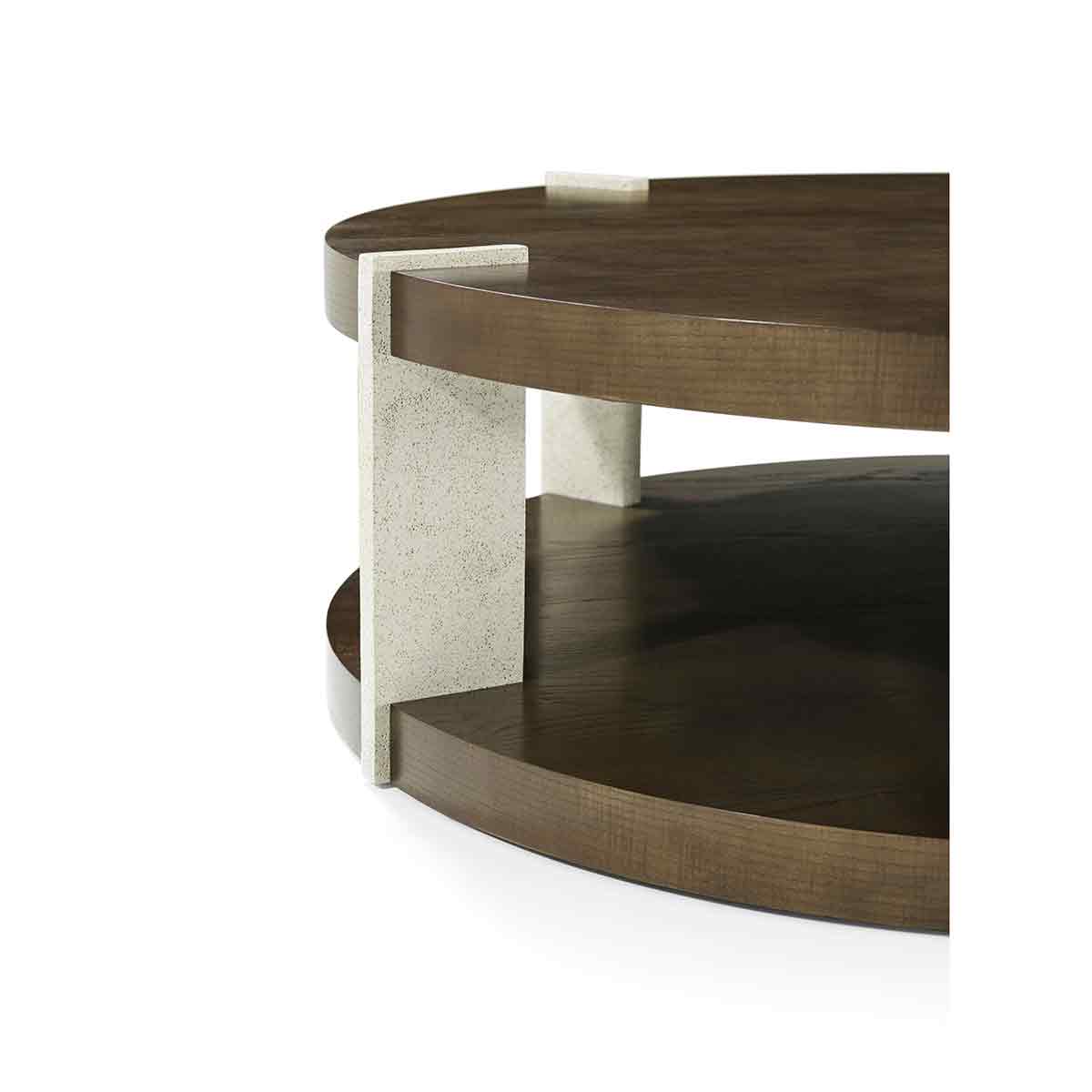 Corner view showcasing design and materials, round coffee table.