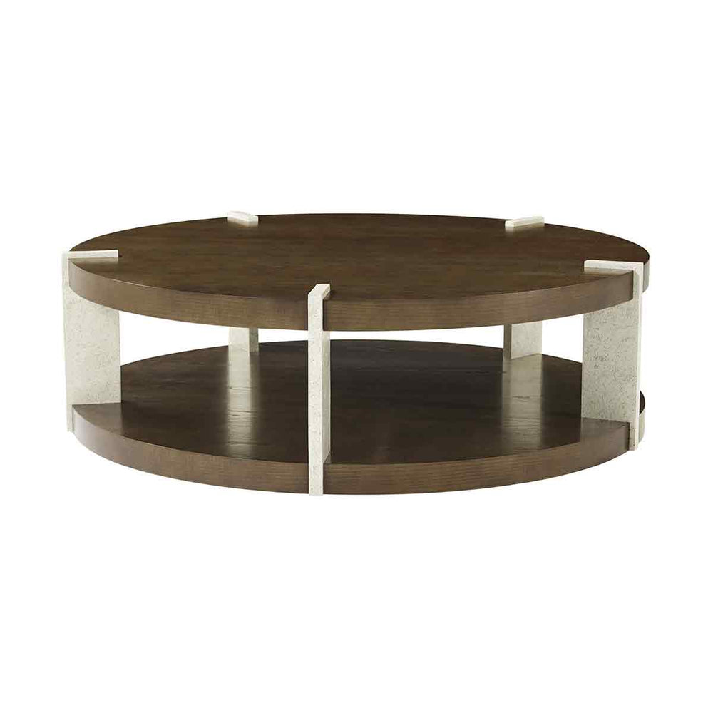 Round coffee table with dark ash wood, front view.