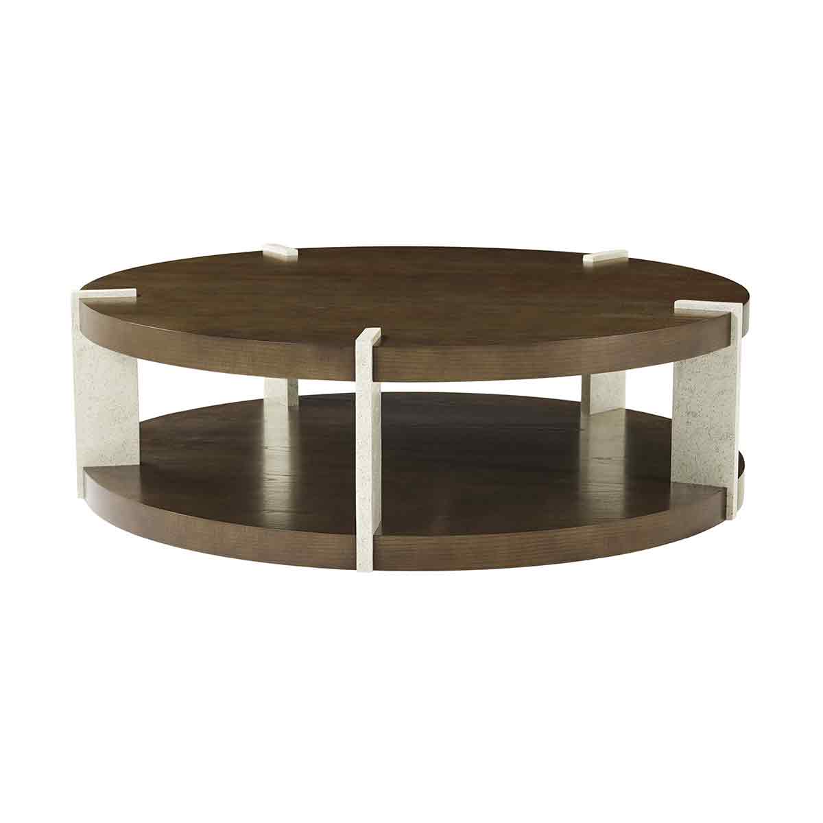 Round coffee table with dark ash wood, front view.