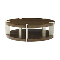 Round coffee table with dark ash wood, front view.