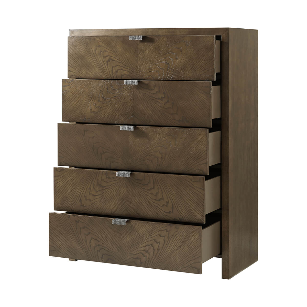 Dark ash chest, drawers partially open, side angle.