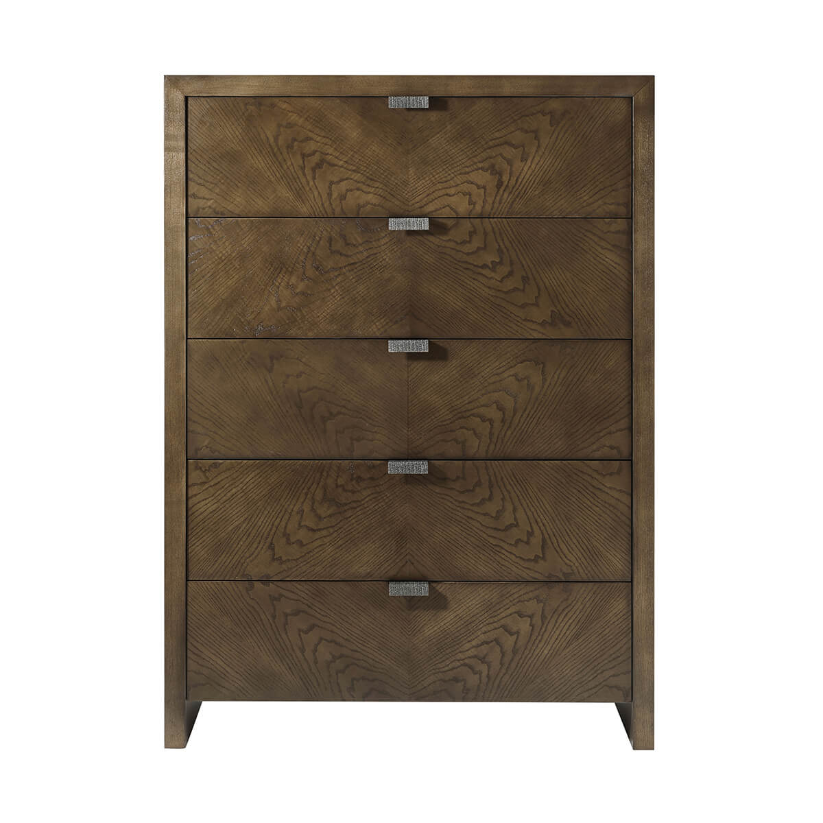 Dark ash chest of drawers, direct front view.