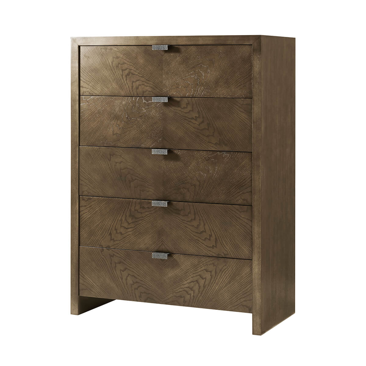 Dark ash chest of drawers, front angle view.