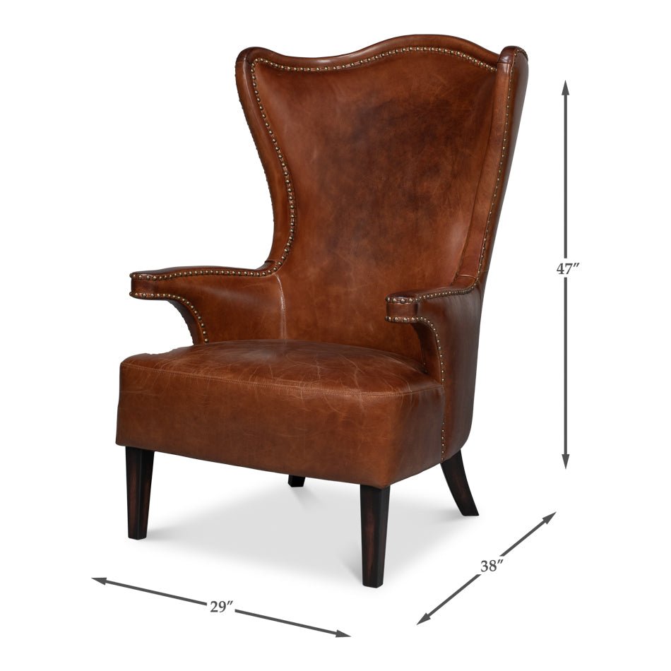 Dimensions shown, dark brown high back leather wing chair.