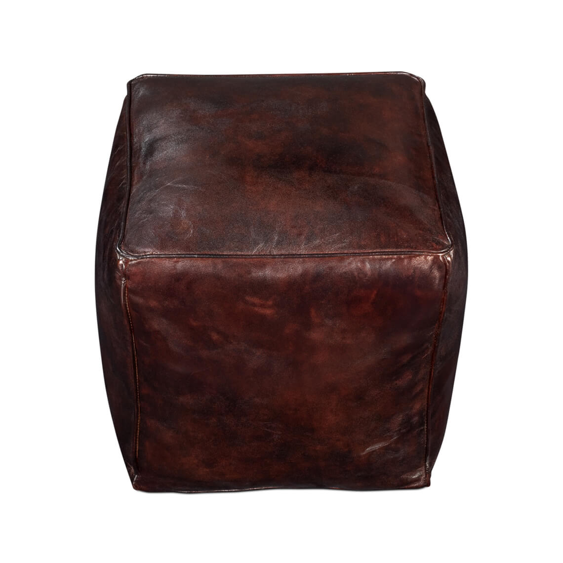 Top view of leather cube stool, dark brown finish.