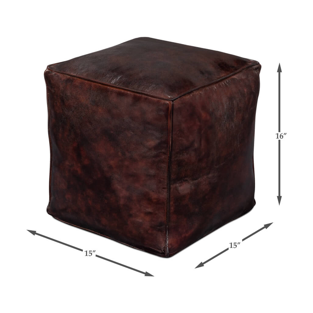 Dimensions of dark brown leather cube stool, 15x15x16 inches.