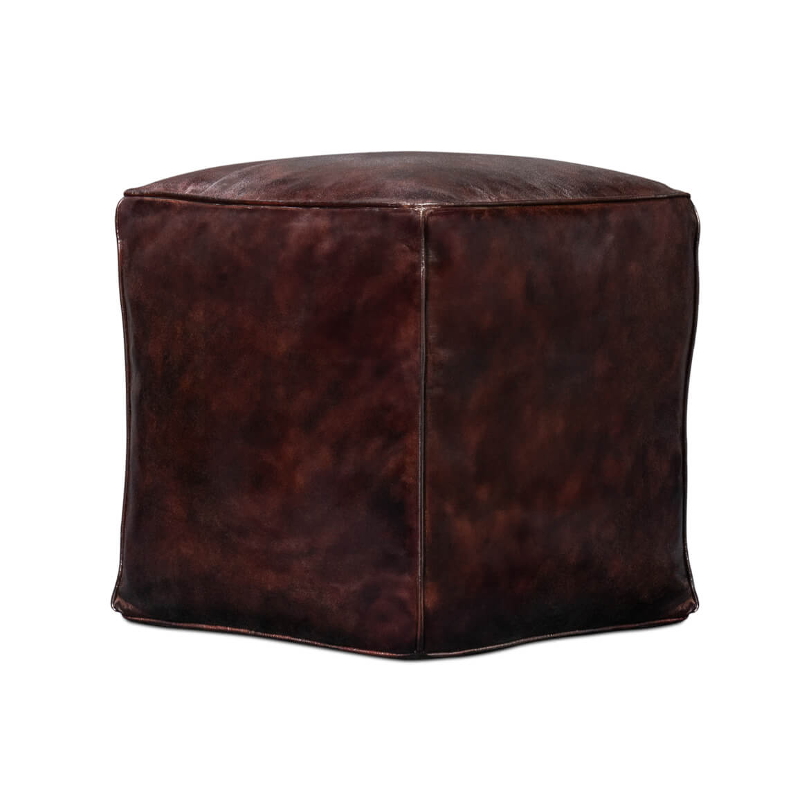 Angled lower view of leather cube stool.