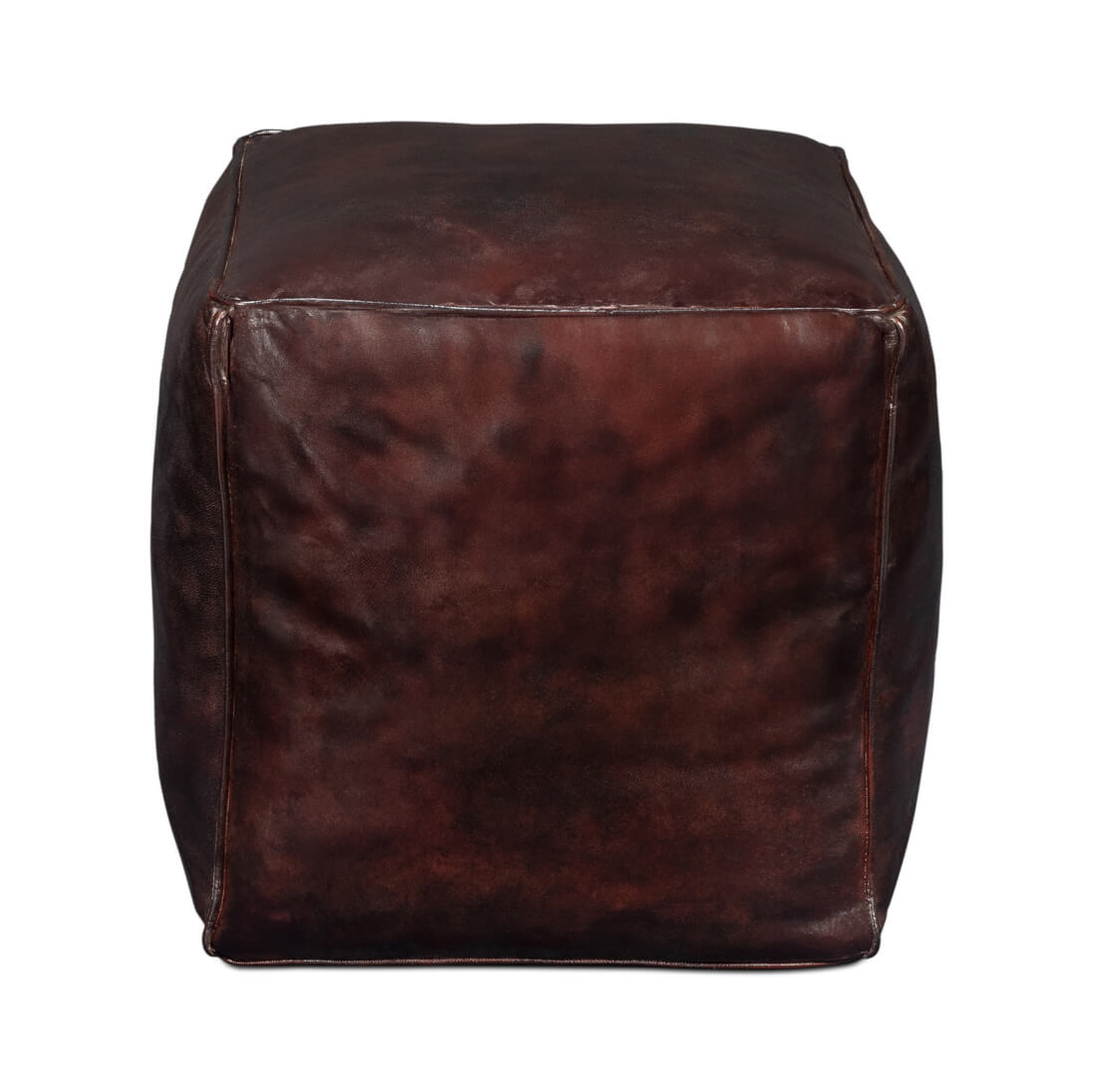Front view of dark brown leather cube stool.