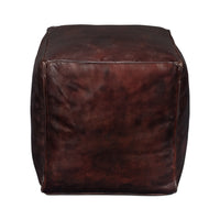 Front view of dark brown leather cube stool.