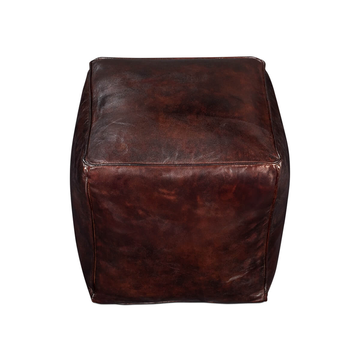 Another top view of leather cube stool, dark brown.